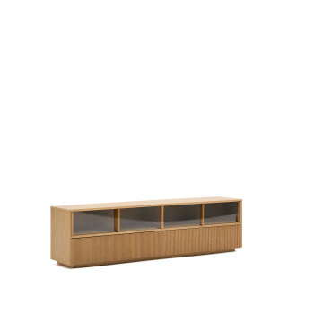 Meuble TV Helvine à 4 portes et 2 tiroirs, placage chêne et verre trempé, 200 x 54 cm, certifié FSC 100 %