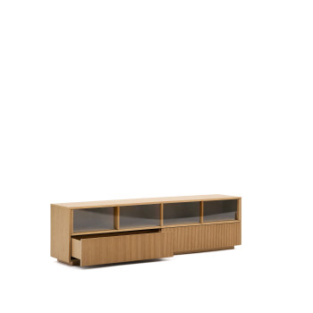 Meuble TV Helvine à 4 portes et 2 tiroirs, placage chêne et verre trempé, 200 x 54 cm, certifié FSC 100 %