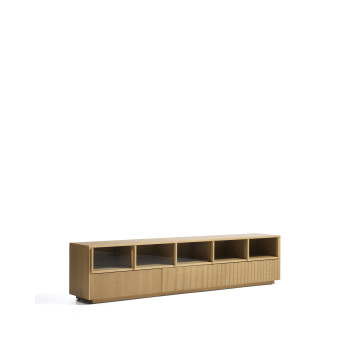 Meuble TV Helvine à 5 portes et 3 tiroirs en placage chêne et verre trempé 242 x 53,5 cm FSC 100 %