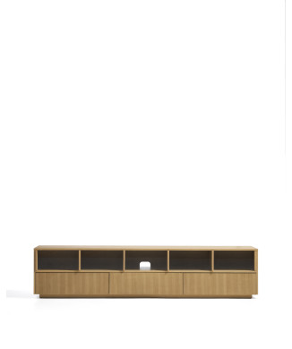 Meuble TV Helvine à 5 portes et 3 tiroirs en placage chêne et verre trempé 242 x 53,5 cm FSC 100 %