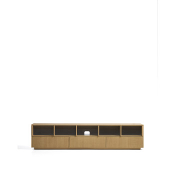Meuble TV Helvine à 5 portes et 3 tiroirs en placage chêne et verre trempé 242 x 53,5 cm FSC 100 %
