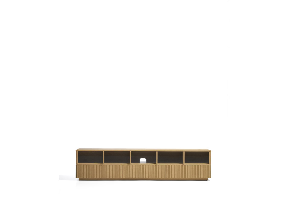 Meuble TV Helvine à 5 portes et 3 tiroirs en placage chêne et verre trempé 242 x 53,5 cm FSC 100 %