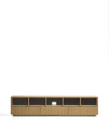 Meuble TV Helvine à 5 portes et 3 tiroirs en placage chêne et verre trempé 242 x 53,5 cm FSC 100 %