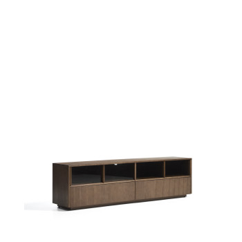 Meuble TV Helvine à 4 portes et 2 tiroirs en placage frêne finition noyer et verre trempé 200 x 54 cm FSC 100 %