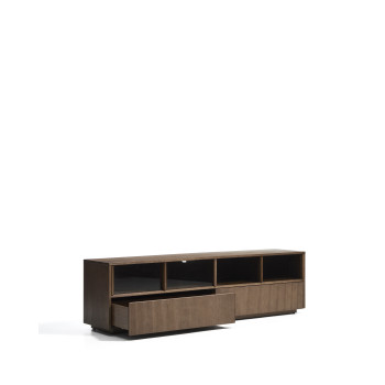 Meuble TV Helvine à 4 portes et 2 tiroirs en placage frêne finition noyer et verre trempé 200 x 54 cm FSC 100 %