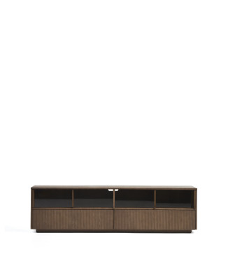 Meuble TV Helvine à 4 portes et 2 tiroirs en placage frêne finition noyer et verre trempé 200 x 54 cm FSC 100 %