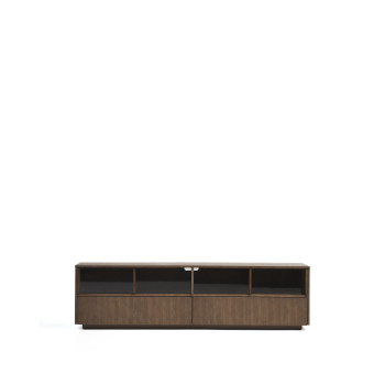 Meuble TV Helvine à 4 portes et 2 tiroirs en placage frêne finition noyer et verre trempé 200 x 54 cm FSC 100 %