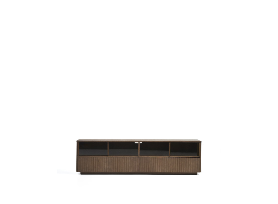 Meuble TV Helvine à 4 portes et 2 tiroirs en placage frêne finition noyer et verre trempé 200 x 54 cm FSC 100 %