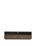 Meuble TV Helvine à 4 portes et 2 tiroirs en placage frêne finition noyer et verre trempé 200 x 54 cm FSC 100 %