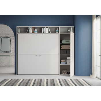 Lit double escamotable Kando en frêne blanc avec meubles - Lit double escamotable Kando en frêne blanc