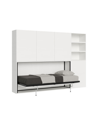 Modèle simple Kando en frêne blanc avec mobilier - Lit simple escamotable Kando comp.F avec matelas en frêne blanc