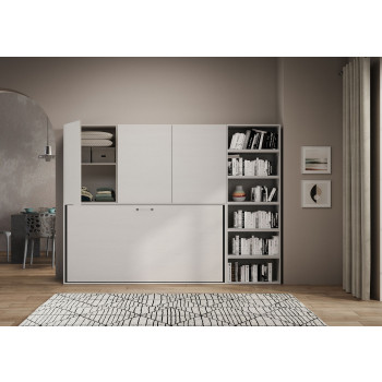 Lit simple Kando en frêne blanc avec meubles - Lit simple escamotable Kando, comp. G, frêne blanc