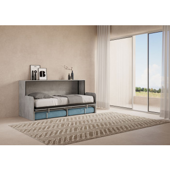 Mod.Kando Single avec canapé - Lit simple escamotable Kando avec canapé avec matelas en frêne blanc, bleu clair