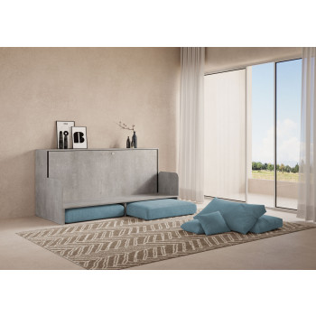 Mod.Kando Single avec canapé - Lit simple escamotable Kando avec canapé avec matelas en frêne blanc, bleu clair