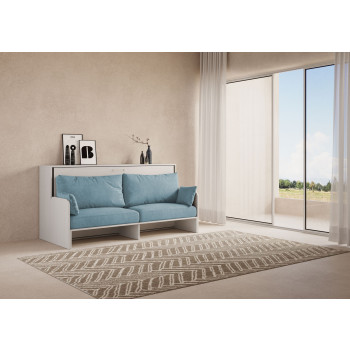 Mod.Kando Single avec canapé - Lit simple escamotable Kando avec canapé avec matelas en frêne blanc, bleu clair