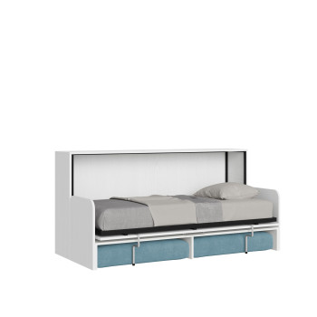 Mod.Kando Single avec canapé - Lit simple escamotable Kando avec canapé avec matelas en frêne blanc, bleu clair