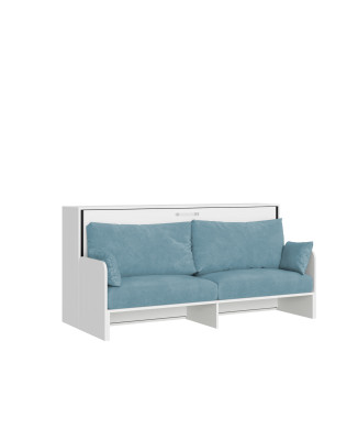 Mod.Kando Single avec canapé - Lit simple escamotable Kando avec canapé avec matelas en frêne blanc, bleu clair