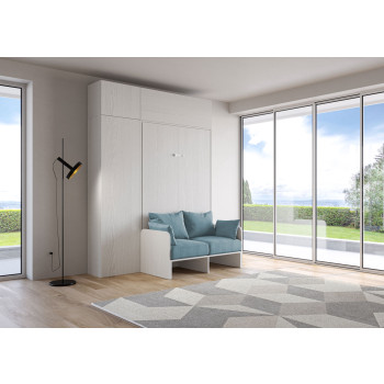 Lit carré 1,50 m² Kentaro avec canapé 120 - Lit escamotable 1,50 m² Kentaro avec canapé et meubles en frêne blanc, bleu clair