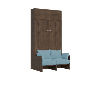 Lit carré 1,50 m² Kentaro avec canapé 120 - Lit escamotable 1,50 m² Kentaro avec canapé et élément haut en frêne blanc, bleu clair