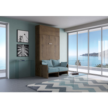 Lit carré 1,50 m² Kentaro avec canapé 120 - Lit escamotable 1,50 m² Kentaro avec canapé et élément haut en frêne blanc, bleu clair