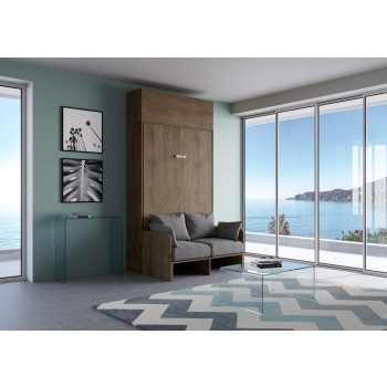 Lit carré 1,50 m² Kentaro avec canapé 120 - Lit escamotable 1,50 m² Kentaro avec canapé et élément haut en frêne blanc, gris