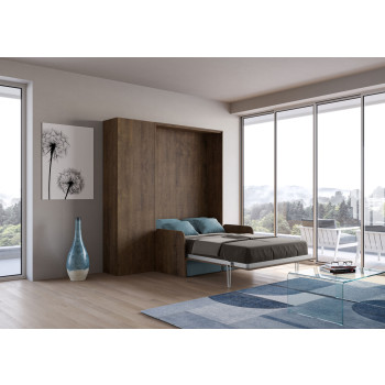 Mod. Kentaro French 140 avec canapé - Lit double escamotable Kentaro 140 avec canapé et colonne en frêne blanc, bleu clair