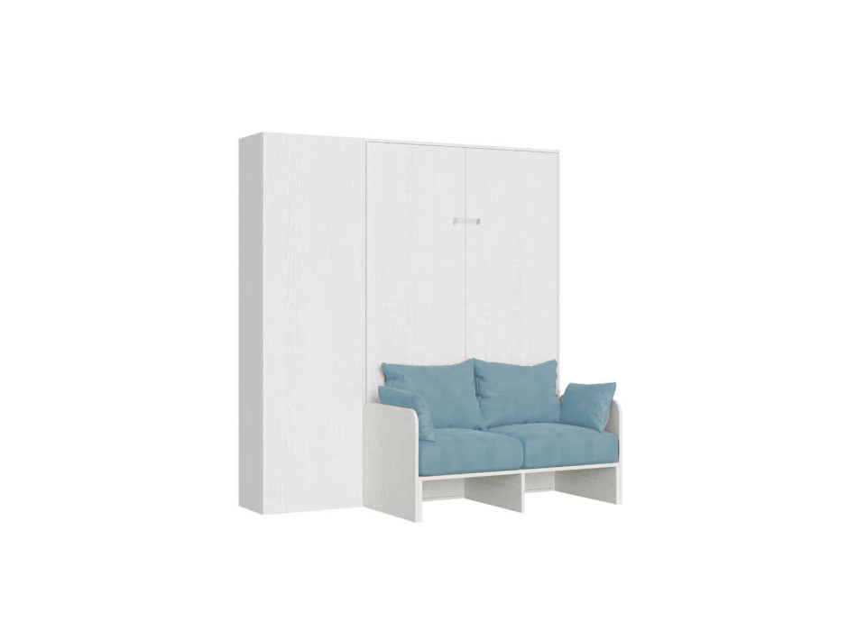 Mod. Kentaro French 140 avec canapé - Lit double escamotable Kentaro 140 avec canapé et colonne en frêne blanc, bleu clair