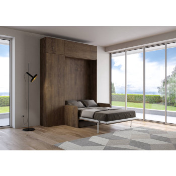 Lit double français escamotable Kentaro 140 avec canapé et meubles en frêne blanc et gris