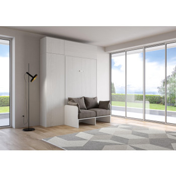 Lit double français escamotable Kentaro 140 avec canapé et meubles en frêne blanc et gris