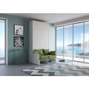 Mod. Kentaro French 140 avec canapé - Lit double escamotable Kentaro 140 avec canapé et meuble haut en frêne blanc et vert