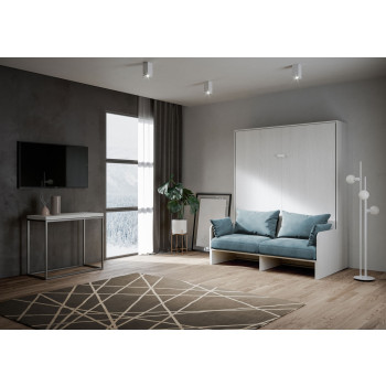 Lit double escamotable Kentaro 160 avec canapé - Lit double escamotable Kentaro 160 avec canapé en frêne blanc, bleu clair