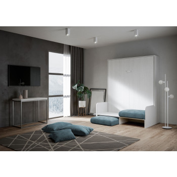 Lit double escamotable Kentaro 160 avec canapé - Lit double escamotable Kentaro 160 avec canapé en frêne blanc, bleu clair