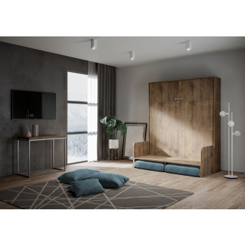 Lit double escamotable Kentaro 160 avec canapé - Lit double escamotable Kentaro 160 avec canapé en frêne blanc, bleu clair