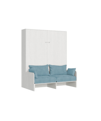 Lit double escamotable Kentaro 160 avec canapé - Lit double escamotable Kentaro 160 avec canapé en frêne blanc, bleu clair