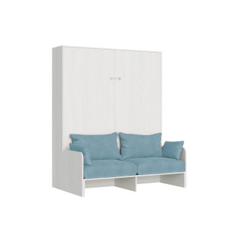 Lit double escamotable Kentaro 160 avec canapé - Lit double escamotable Kentaro 160 avec canapé en frêne blanc, bleu clair