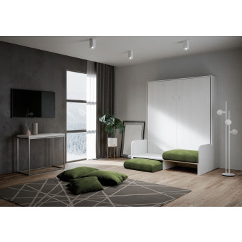 Lit double escamotable Kentaro 160 avec canapé - Lit double escamotable Kentaro 160 avec canapé en frêne blanc, vert