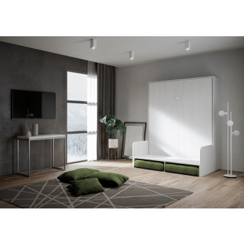 Lit double escamotable Kentaro 160 avec canapé - Lit double escamotable Kentaro 160 avec canapé en frêne blanc, vert