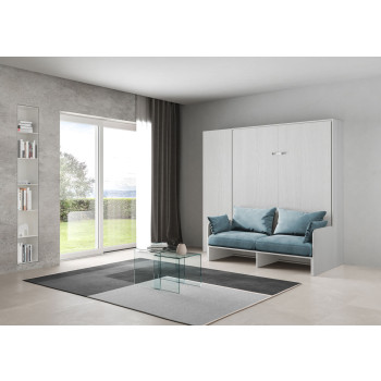 Lit double escamotable Kentaro 160 avec canapé et colonne en frêne blanc, bleu clair