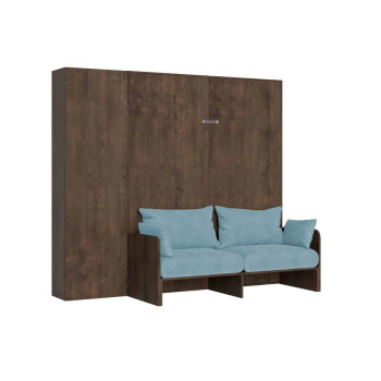 Lit double escamotable Kentaro 160 avec canapé et colonne en frêne blanc, bleu clair