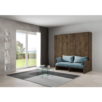 Lit double escamotable Kentaro 160 avec canapé et colonne en frêne blanc, bleu clair