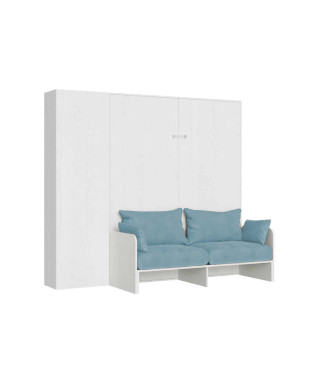 Lit double escamotable Kentaro 160 avec canapé et colonne en frêne blanc, bleu clair