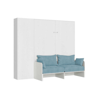 Lit double escamotable Kentaro 160 avec canapé et colonne en frêne blanc, bleu clair