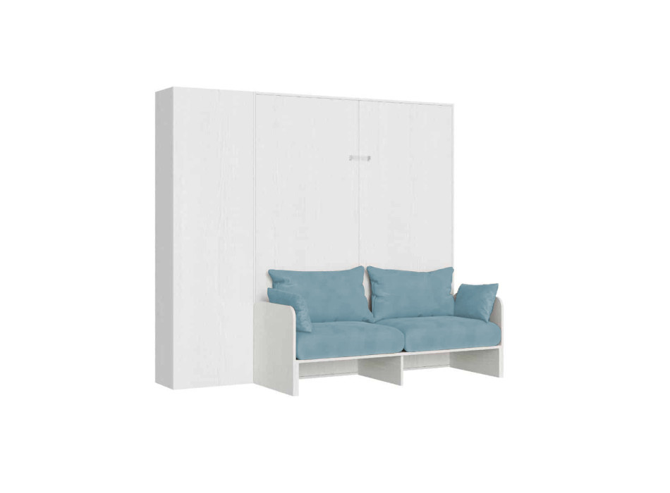 Lit double escamotable Kentaro 160 avec canapé et colonne en frêne blanc, bleu clair