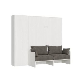 Lit double escamotable Kentaro 160 avec canapé et colonne en frêne blanc, gris