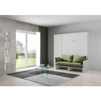 Lit double escamotable Kentaro 160 avec canapé et colonne en frêne blanc, vert