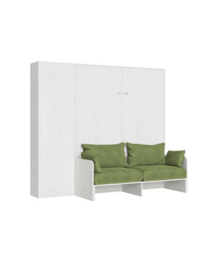 Lit double escamotable Kentaro 160 avec canapé et colonne en frêne blanc, vert