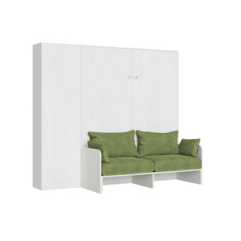 Lit double escamotable Kentaro 160 avec canapé et colonne en frêne blanc, vert