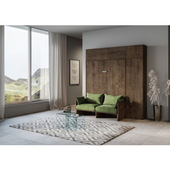 Lit double escamotable Kentaro 160 avec canapé - Lit double escamotable Kentaro 160 avec canapé et meubles en frêne blanc et vert