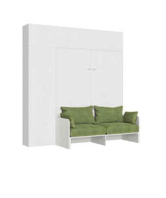 Lit double escamotable Kentaro 160 avec canapé - Lit double escamotable Kentaro 160 avec canapé et meubles en frêne blanc et vert