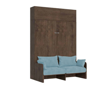 Lit double escamotable Kentaro 160 avec canapé - Lit double escamotable Kentaro 160 avec canapé et élément mural en blanc, frêne et bleu clair